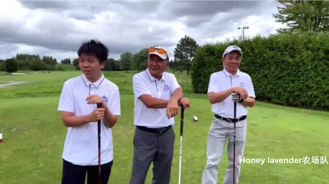 A group of men standing on a golf course

Description automatically generated